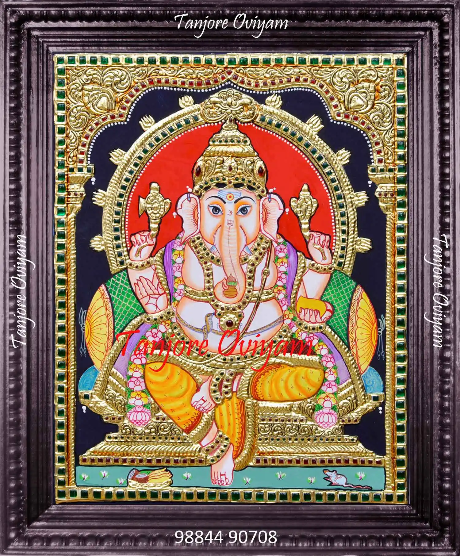 Lord Ganesha Tanjore painting with gold foil work, seated Vinayagar and traditional Thanjavur art detailing